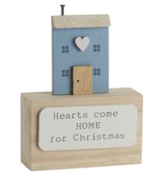 A decorative wooden block featuring house design, 3D details including heart and door and beautiful quote. 