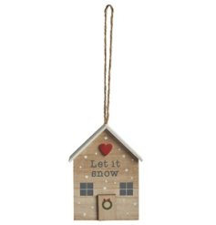 A cute wooden hanging decoration with "let it snow" text and red 3D heart detail. 