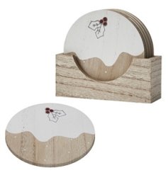 A delightful set of 4 Christmas inspired coasters, each with a Christmas pudding design and illustrated holly detail.