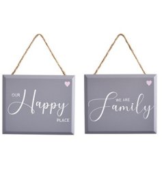 An assortment of 2 wooden hanging signs with pink heart detail and family inspired quote. 