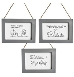 An assortment of 3 framed mini sketch style signs, each with delightful illustration, quote and grey frame. 
