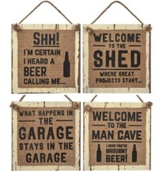 4 Assorted hessian signs with distressed wooden effect frame and male humour messages. 