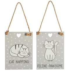 An assortment of 2 wooden hanging signs each featuring a cute cat design and quote with heart details. 