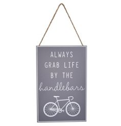 A decorative hanging sign with humorous "always grab life by the handlebars" text and bike illustration. 