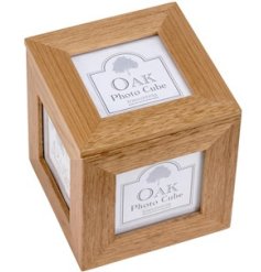 A stylish and timeless photo cube with an oak finish and space for multiple photos. 
