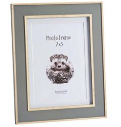 A stylish grey photo frame with wooden border detail and space for a 5x7 inch photo display. 