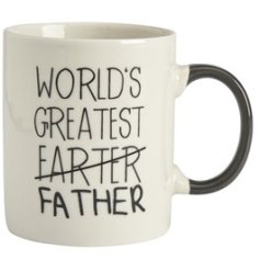 A humorous mug with monochrome design, black handle and cheeky "World's greatest farter/ father" text. 