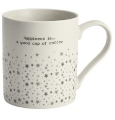 A stylish white ceramic mug with "happiness is a good cup of coffee" text and ditsy grey star print.