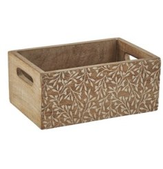 A beautiful small wooden trug with an etched leaf repeat pattern.