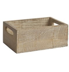 A rustic wooden trug with twin handles and a stylish wave design which has been beautifully carved.