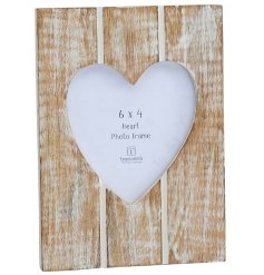 A slatted effect wooden photo frame with a heart shaped cut out picture display. 