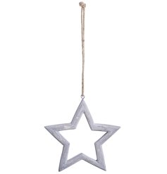 A wooden hanging star with antique grey finish.
