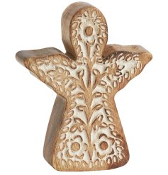 A hand-carved wooden angel decoration with beautifully carved detail.