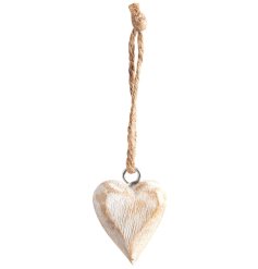 A distressed wooden heart hanging decoration with rope tie hanger.