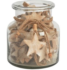 A decorative wooden star shaped charm decoration with rope tie. 