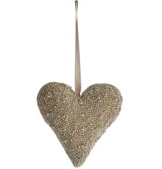 A beautiful hanging heart decoration with a beaded gold finish and ribbon hanging loop. 