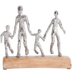 A beautiful item depicting a joyful family of four in an aluminium finish on a wooden base. 