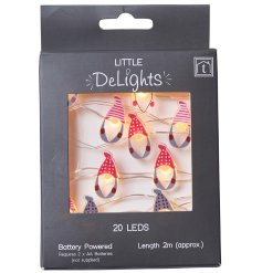 A string of 20 gonk shaped LED lights with red patterned stripe/dot hats.