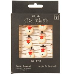 A string of 20 super cute snowman led lights, each with a red scarf, top hat and carrot nose design. 