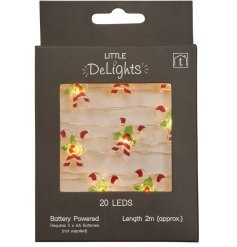 A string of 20 festive candy cane led lights, each with a red striped design with holly detail. 