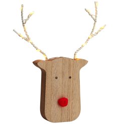 A cute wooden reindeer featuring led light up antlers and colourful red nose.