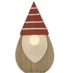 A large wooden gonk with a led light up nose and red striped hat design. 