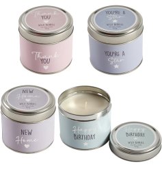 An assortment on 4 candle in tins, each designed to celebrate a different occasion!