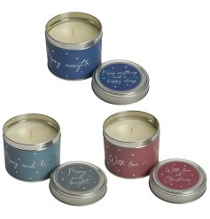 A tinned candle with a festive scheme including festive message and star pattern detail. 