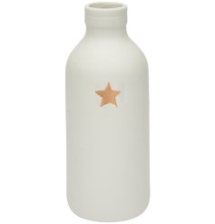A classic white ceramic bottle vase with gold star detail. 