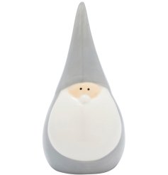 A delightful 16cm Santa decoration with grey clothing and pointed hat design.