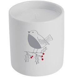 A classic ceramic candle with a contemporary robin design. 