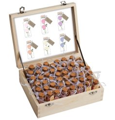 A classic wooden chest containing an assortment of 48 miniature flowers in a bottle with cork topper. 