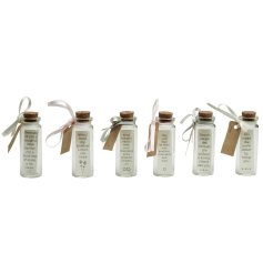 An assortment of various messages displayed in cute little glass jars, each finished with a mini tag and ribbon. 