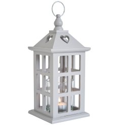 Pale grey wooden lantern for T-light with heart cut out