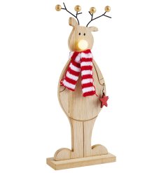 Wooden standing reindeer with led light up nose. Adorable scarf and star detail.