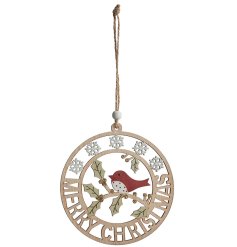 A traditionally themed wooden hanging decoration with "Merry Christmas" text and robin design. 