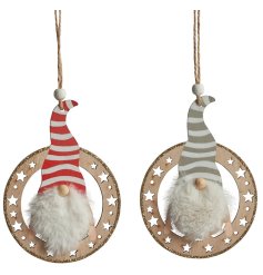 An assortment of 2 wooden hanging decorations each featuring a gonk with striped hat and fluffy beard. 