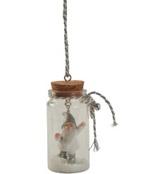 A cute little jar decoration with a Santa stuck inside and snow detail!