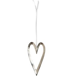 A beautiful silver metal heart hanging decoration featuring a cut out design and ribbon hanging loop. 