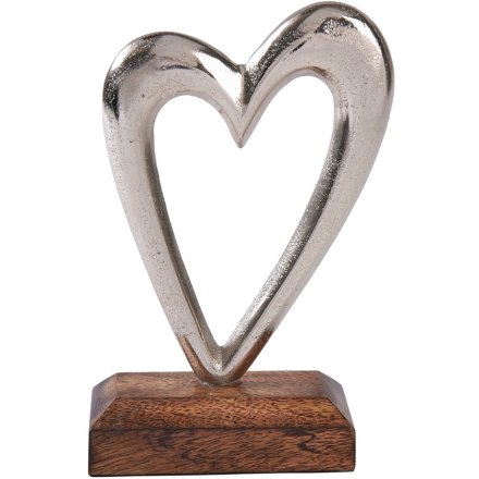 Silver Metal Heart on Wood Base, 10cm