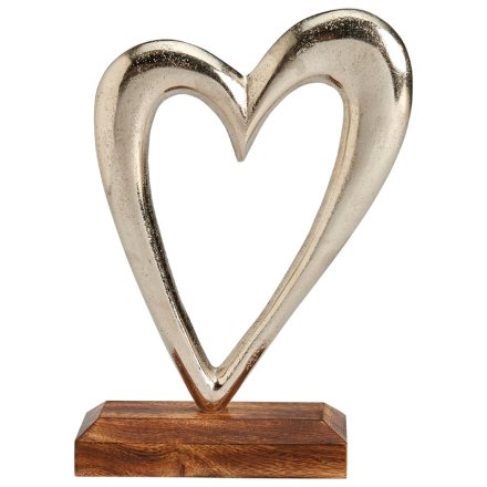 Silver Heart on Wooden Base, 14.5cm