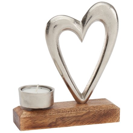 Heart and Tea Light Holder on Wooden Base