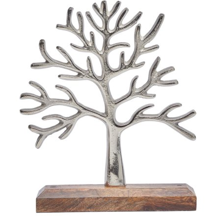 Silver Metal Tree on Wooden Base