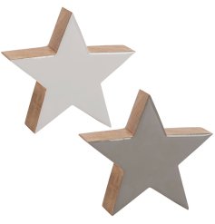 An assortment of 2 enamelled wooden stars in either a white or grey finish. 