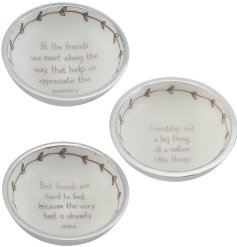 An assortment of 3 mini trinket dishes, each with a sentimental quote about friendship.