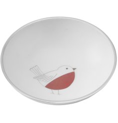 A chic and contemporary silver bowl with a charming robin design. 