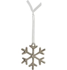 A beautiful silver aluminium snowflake decoration with a hammered finish and organza ribbon to hang.