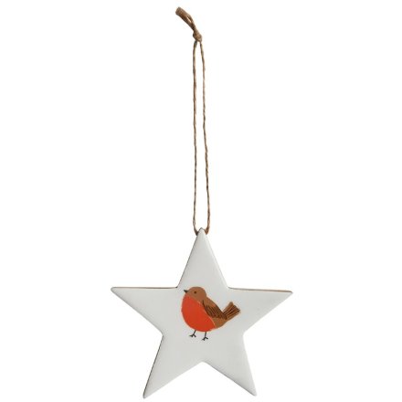 Christmas Robin Wooden Star Decoration