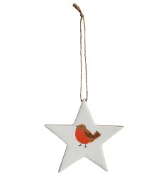 A wooden star shaped hanging decoration with a white glazed face and charming robin decal.