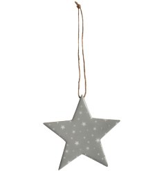 A grey wooden star shaped decoration featuring a star print pattern and twine hanging string. 